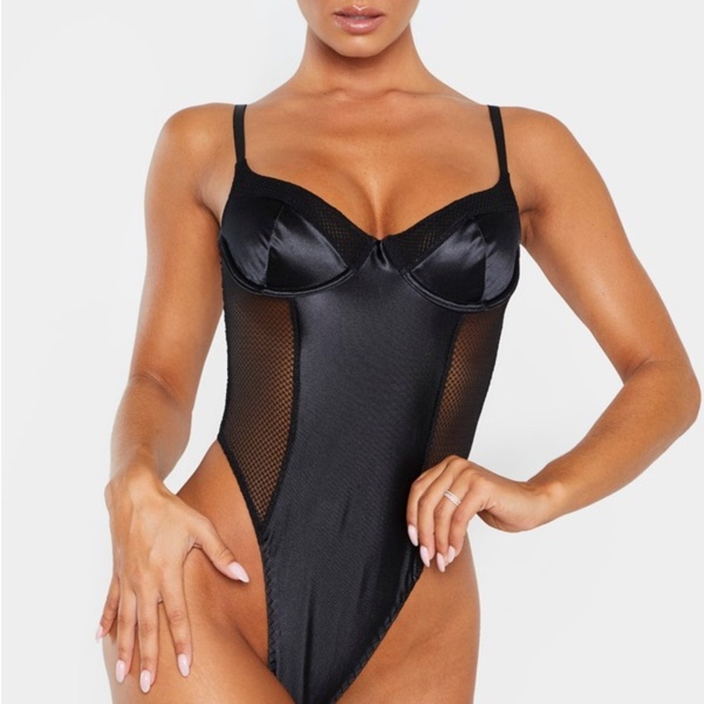 prettylittlething Black Satin And Fishnet Panel Underwired Body Women’s Lingerie